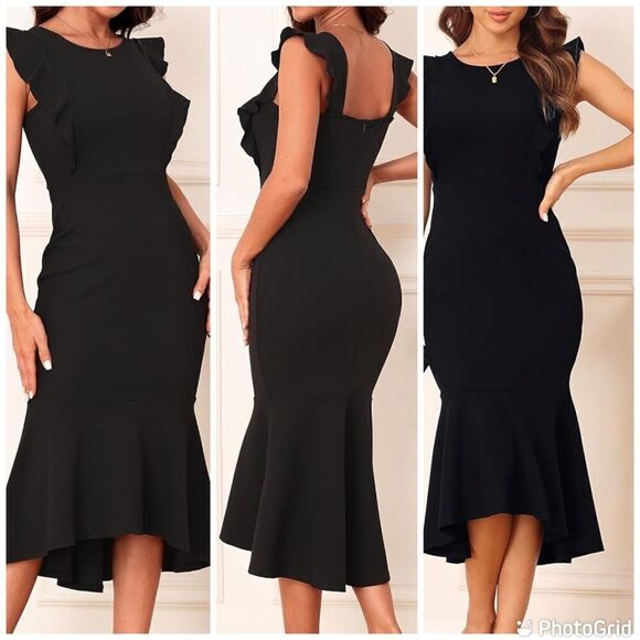 Ruffle Sleeve Wedding Guest Formal Bodycon Mermaid Evening Party Midi Dress - Picture 1 of 15
